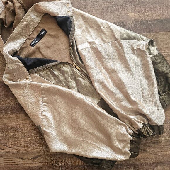 Zara Metallic Shimmer Colorblock Hooded Zip Up Windbreaker Jacket S Olive - Picture 6 of 13